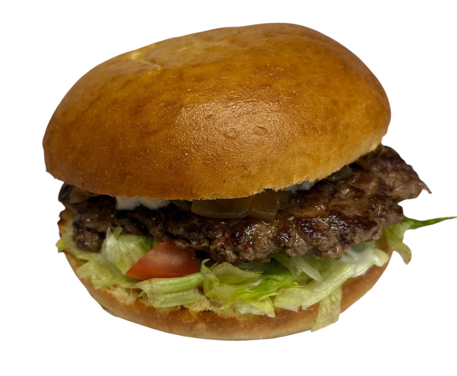 Le TCHANQUE (Pain brioché, steak de boeuf du boucher, cheddar affiné, confit d'oignons, tomates en dés, salade, sauce au choix)